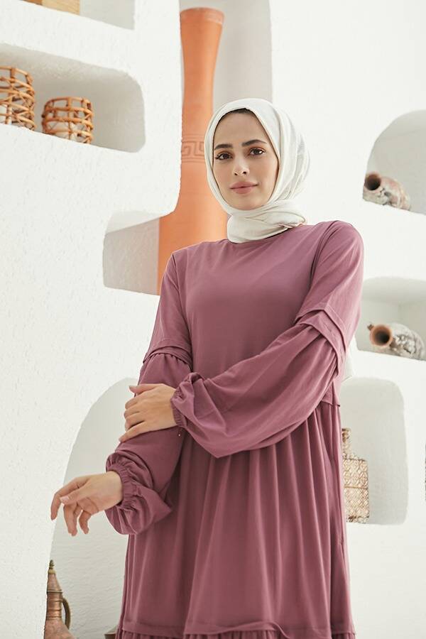 6510-Ancelina Büzgülü Elbise Lila
