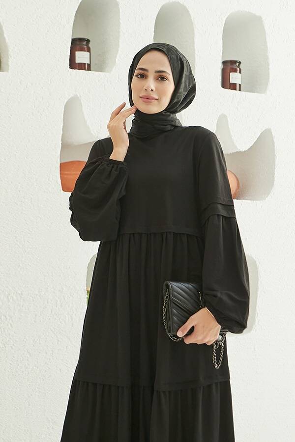 6510-Ancelina Büzgülü Elbise Siyah