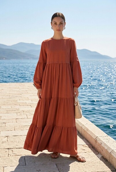 Neways - 6510-Ancelina Büzgülü Elbise Taba