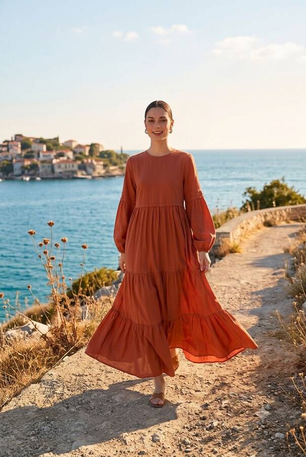 6510-Ancelina Büzgülü Elbise Taba