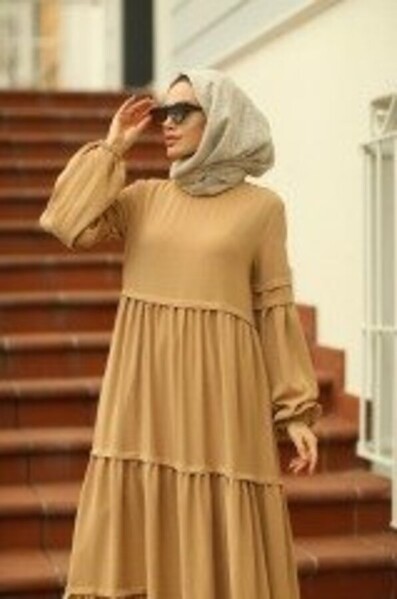 Neways - 6510-Berre Büzgülü Elbise Camel