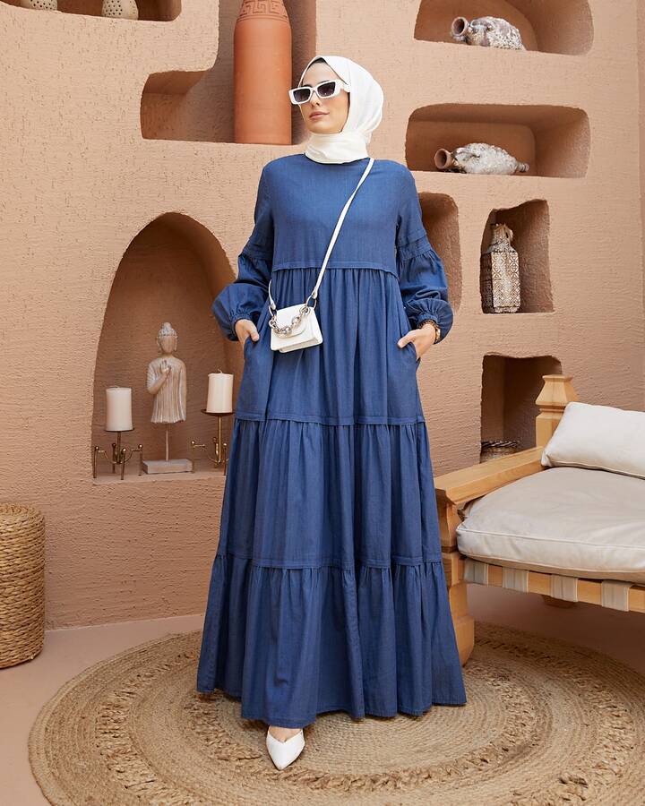 6510-Denim Büzgülü Elbise Koyu Mavi