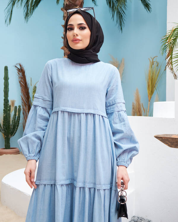 6510-Denim Büzgülü Elbise Mavi