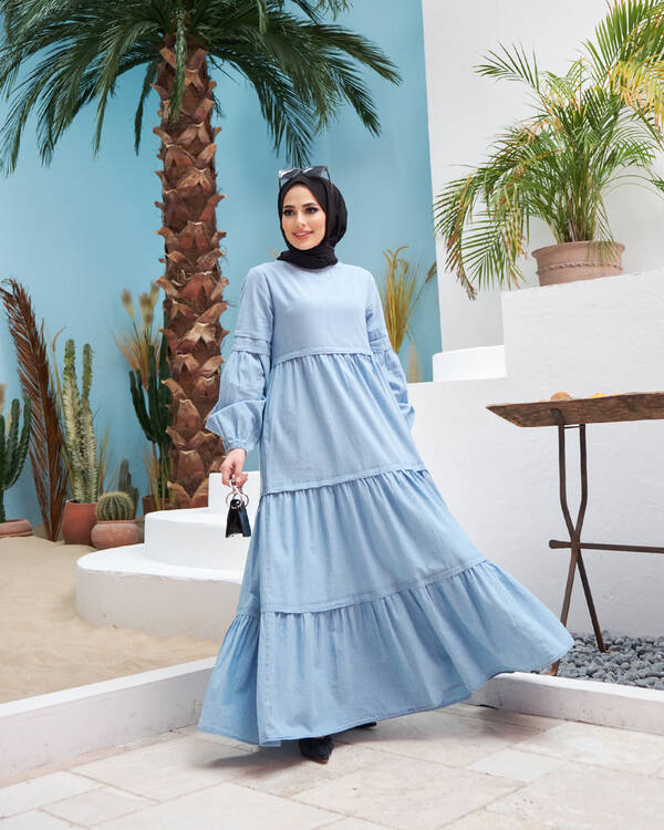 6510-Denim Büzgülü Elbise Mavi