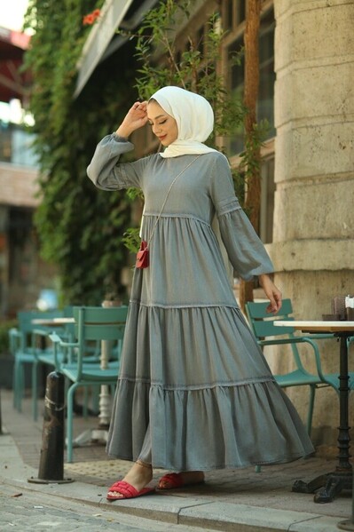 Neways - 6510-Denim Tensel Fırfırlı Büzgülü Elbise Gri
