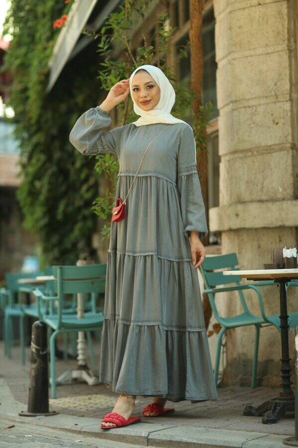 6510-Denim Tensel Fırfırlı Büzgülü Elbise Gri