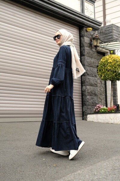 Neways - 6510-Denim Tensel Fırfırlı Büzgülü Elbise Lacivert