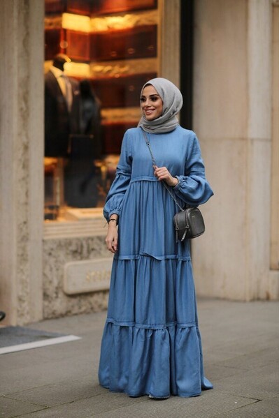 Neways - 6510-Denim Tensel Fırfırlı Büzgülü Elbise Mavi