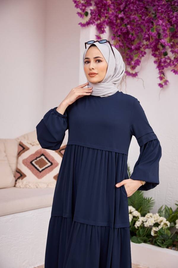 6510-Linda Büzgülü Elbise Lacivert
