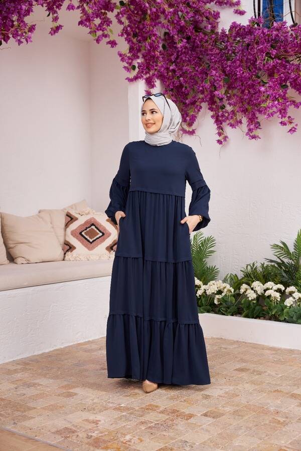 6510-Linda Büzgülü Elbise Lacivert