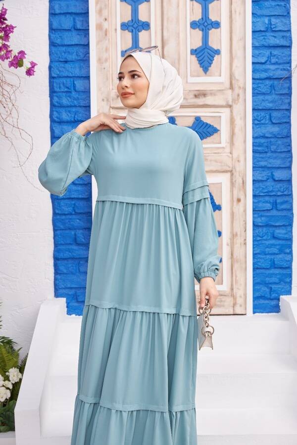 6510-Linda Büzgülü Elbise Mint Yeşili