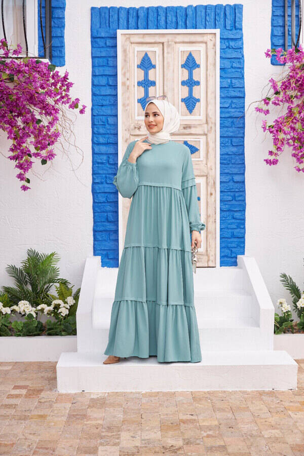 6510-Linda Büzgülü Elbise Mint Yeşili