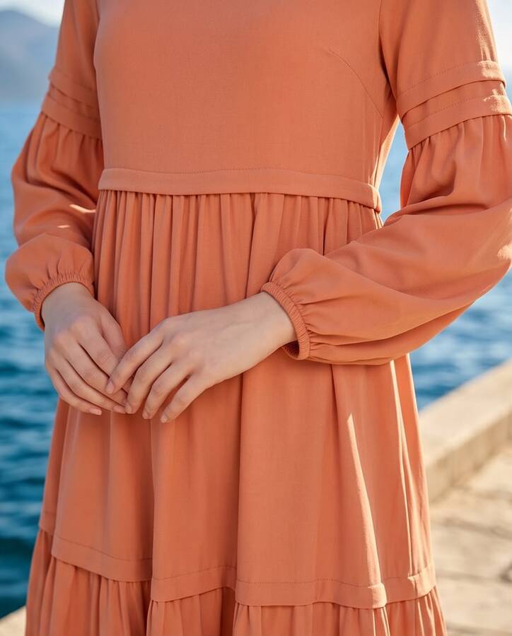 6510-Linda Büzgülü Elbise Somon