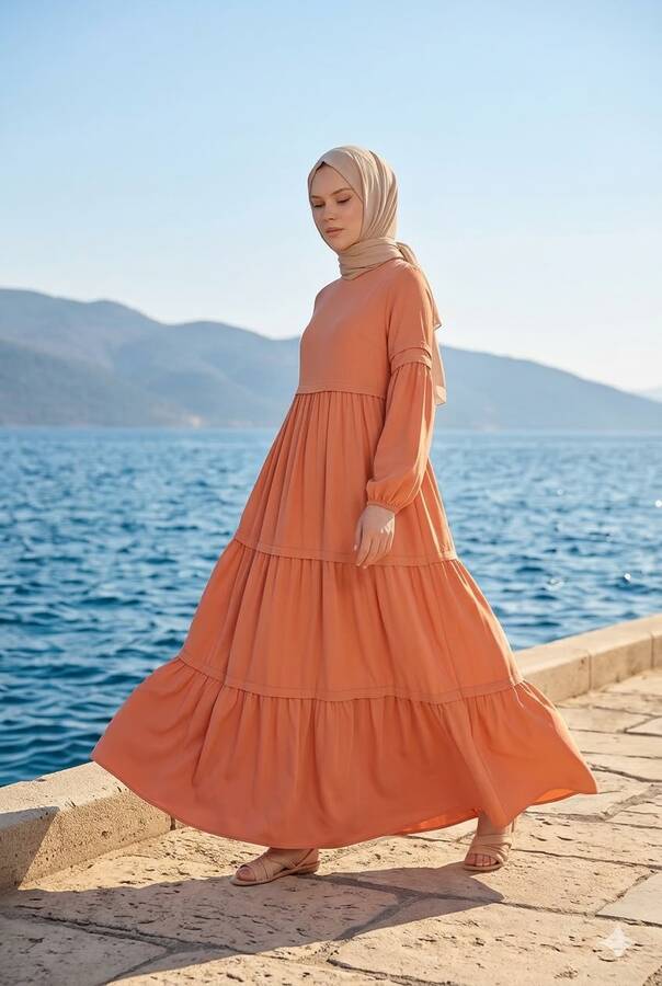 6510-Linda Büzgülü Elbise Somon