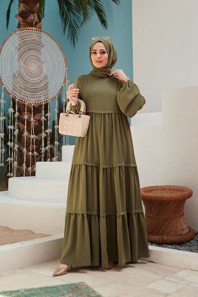 Neways - 6510-Sofiya Büzgülü Elbise Haki