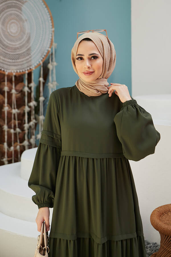 6510-Sofiya Büzgülü Elbise Koyu Yeşil