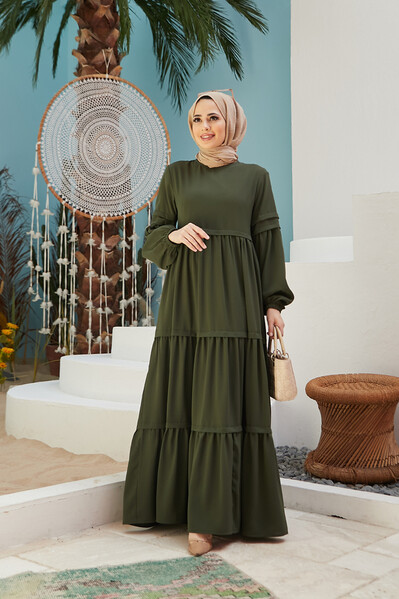 Neways - 6510-Sofiya Büzgülü Elbise Koyu Yeşil