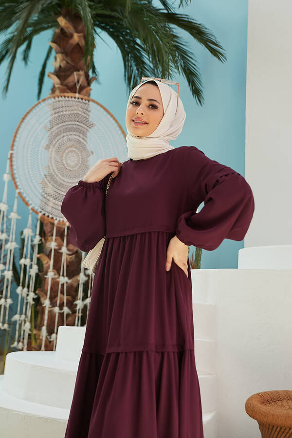 6510-Sofiya Büzgülü Elbise Mürdüm
