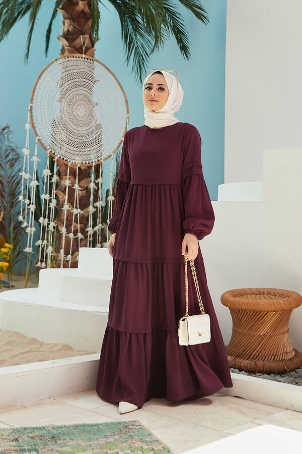 6510-Sofiya Büzgülü Elbise Mürdüm