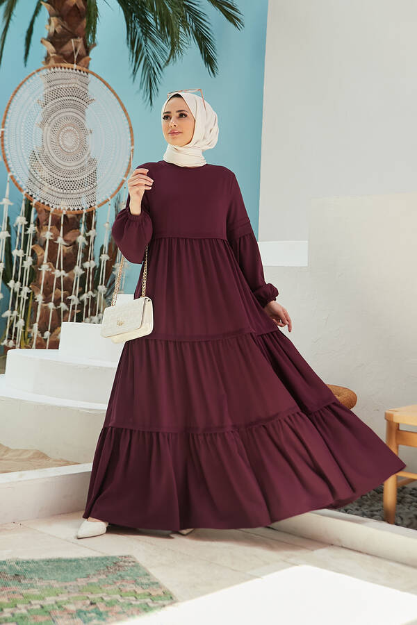 6510-Sofiya Büzgülü Elbise Mürdüm