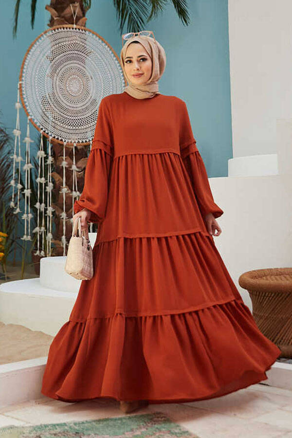 6510-Sofiya Büzgülü Elbise Taba