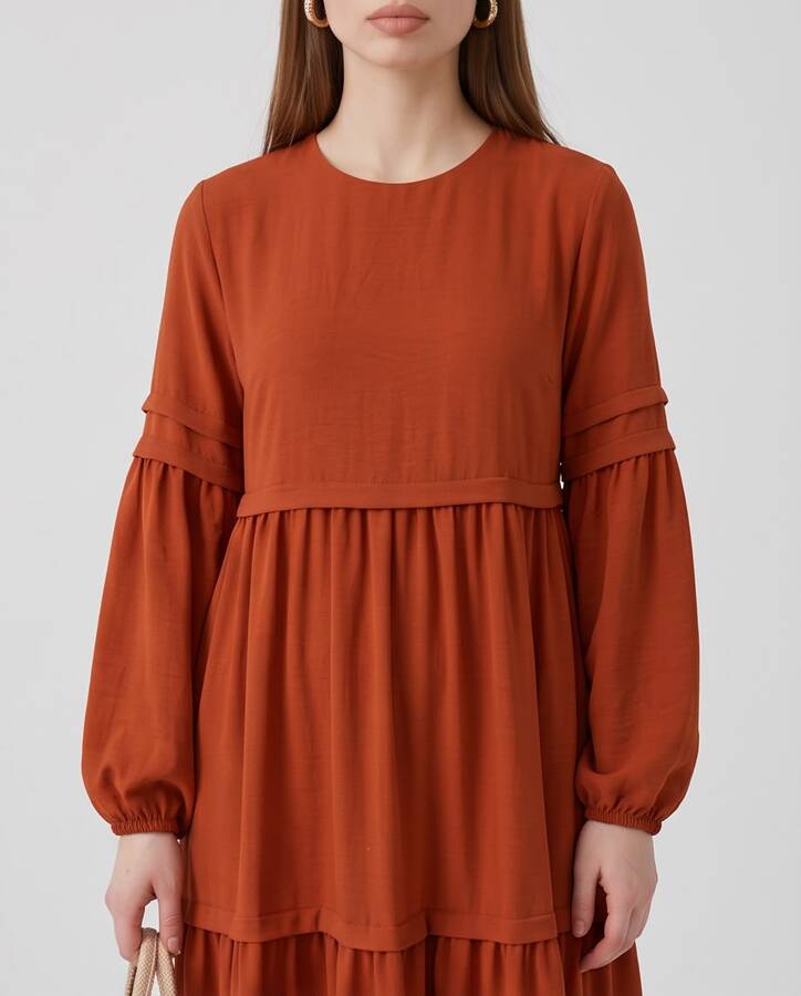 6510-Sofiya Büzgülü Elbise Taba