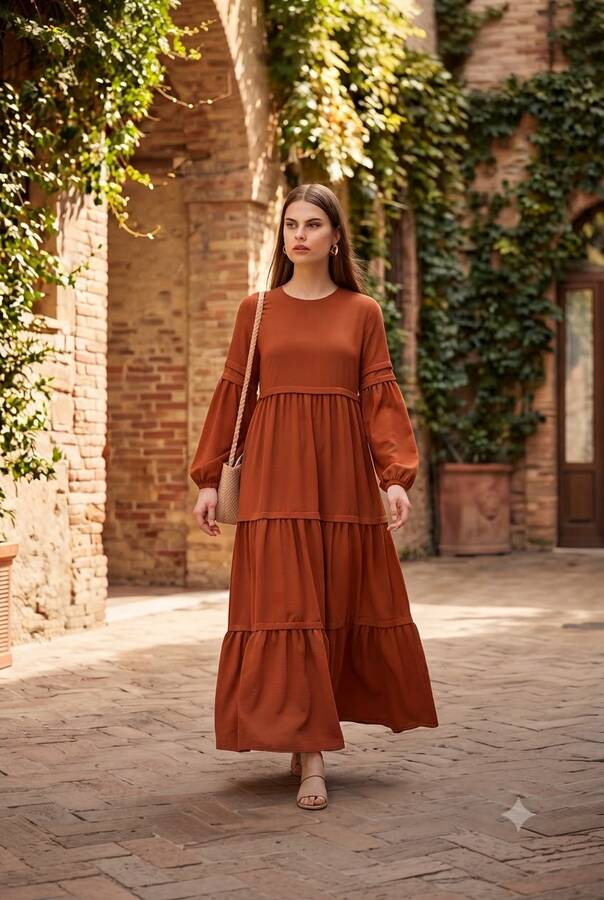 6510-Sofiya Büzgülü Elbise Taba