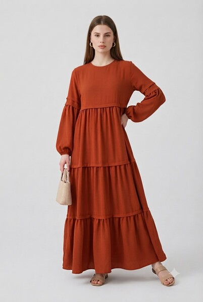 Neways - 6510-Sofiya Büzgülü Elbise Taba