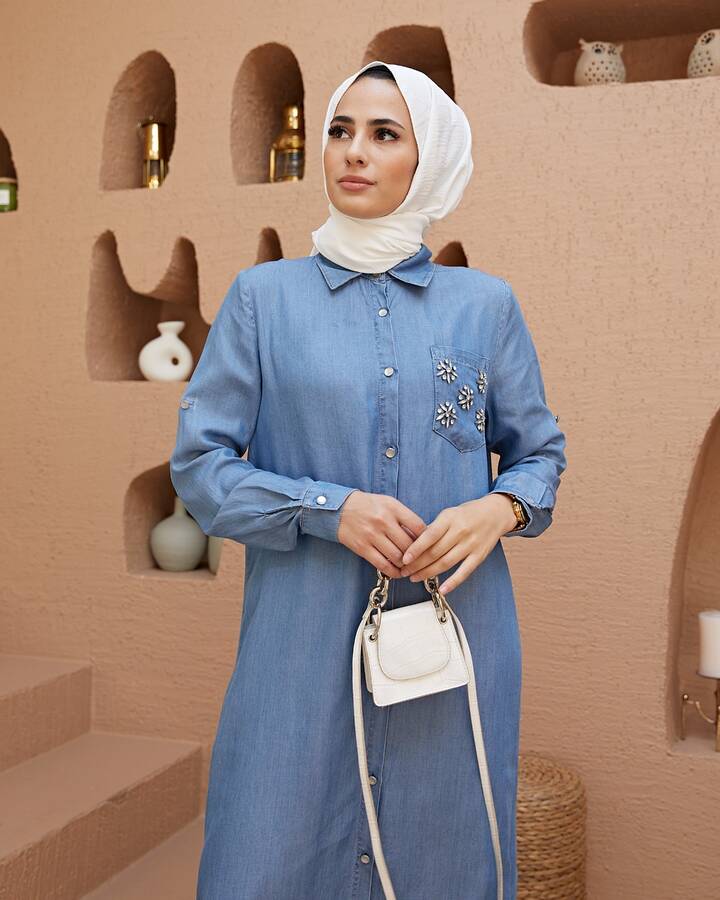 6518-Denim Cebi Taşlı Tunik Açık Mavi