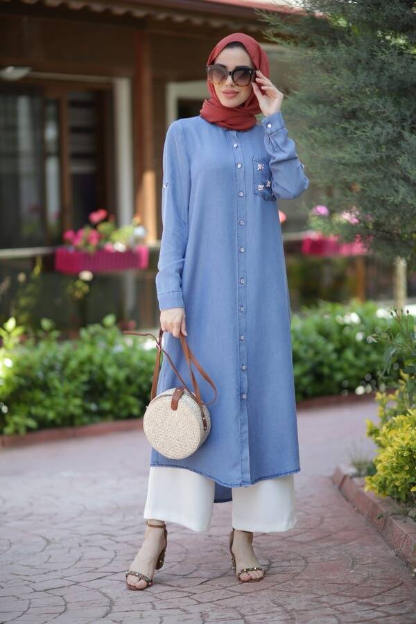 6518-Denim Cebi Taşlı Tunik Açık Mavi