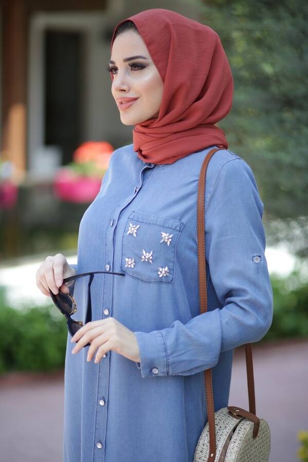 6518-Denim Cebi Taşlı Tunik Açık Mavi