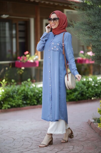 Neways - 6518-Denim Cebi Taşlı Tunik Açık Mavi