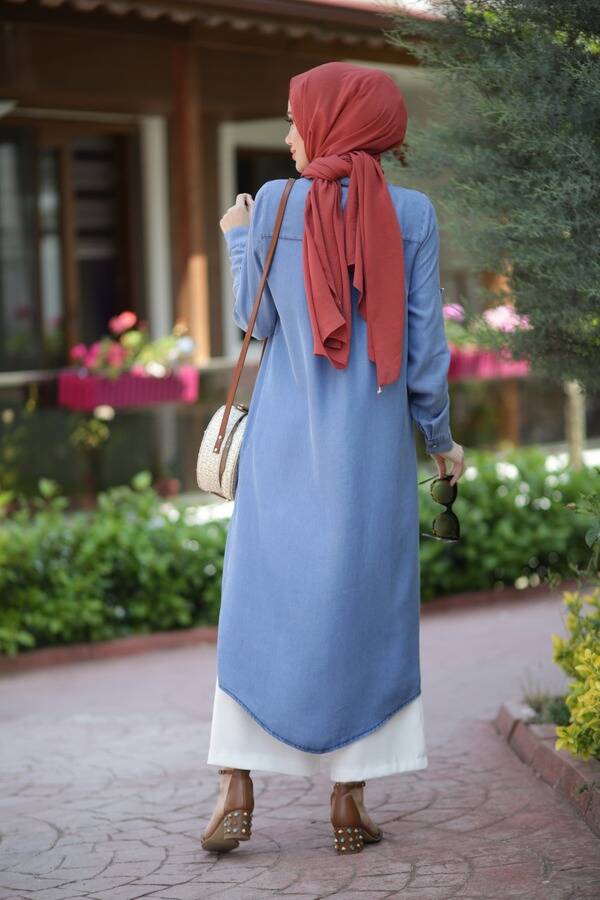 6518-Denim Cebi Taşlı Tunik Açık Mavi