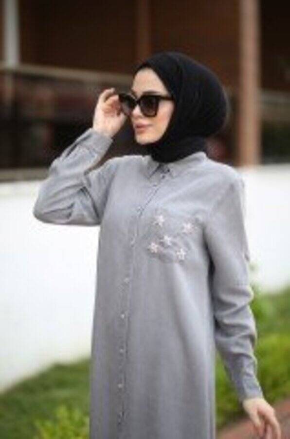6518-Denim Cebi Taşlı Tunik Gri