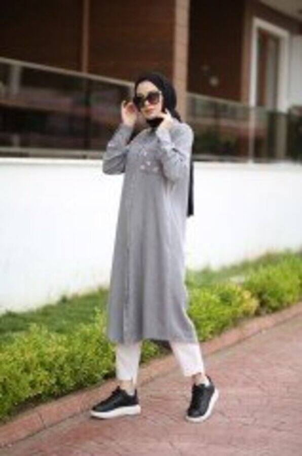 6518-Denim Cebi Taşlı Tunik Gri