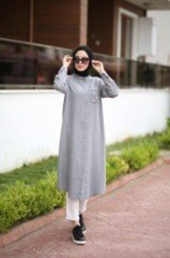 6518-Denim Cebi Taşlı Tunik Gri