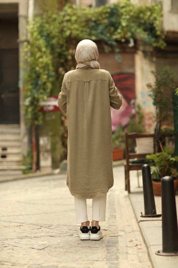6518-Denim Parça Boya Cebi Taşlı Tunik Haki