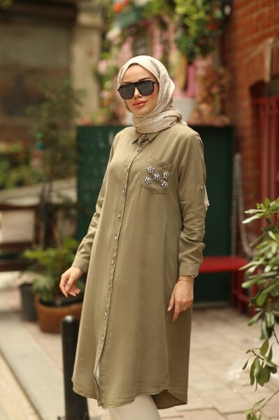 Neways - 6518-Denim Parça Boya Cebi Taşlı Tunik Haki
