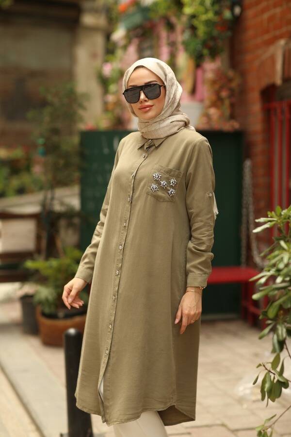 6518-Denim Parça Boya Cebi Taşlı Tunik Haki