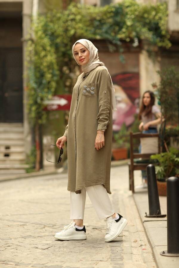 6518-Denim Parça Boya Cebi Taşlı Tunik Haki