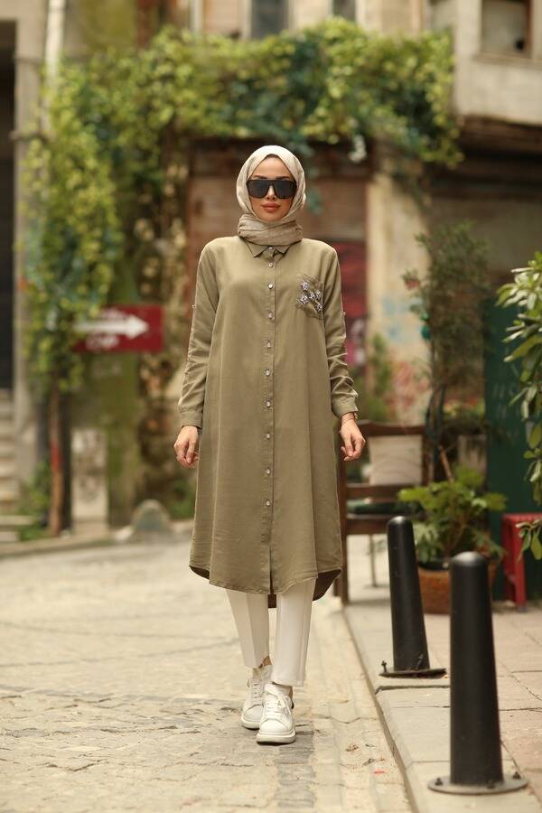6518-Denim Parça Boya Cebi Taşlı Tunik Haki