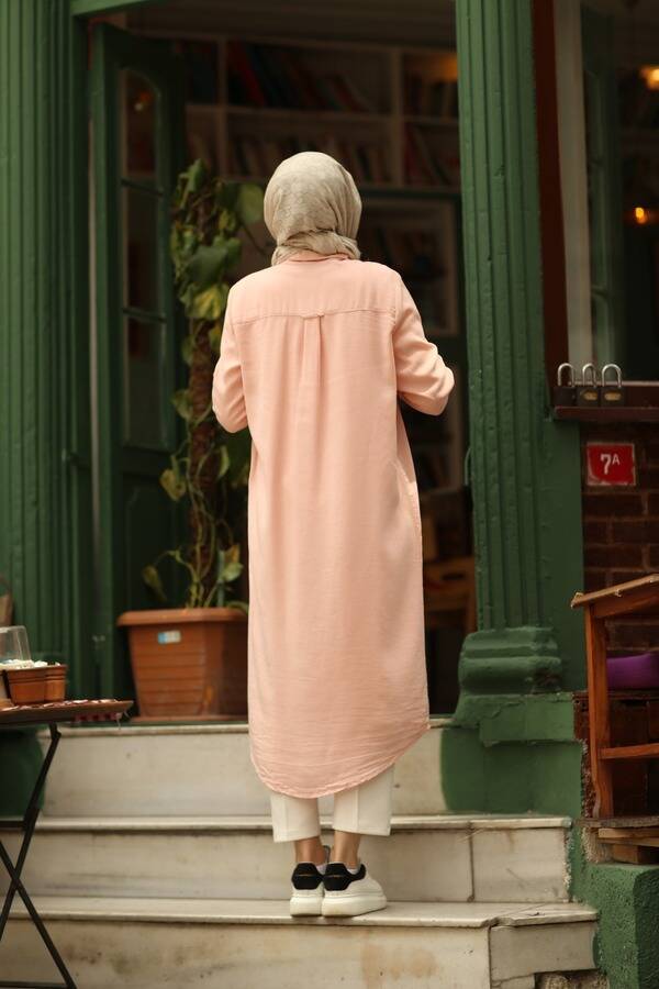 6518-Denim Parça Boya Cebi Taşlı Tunik Pudra