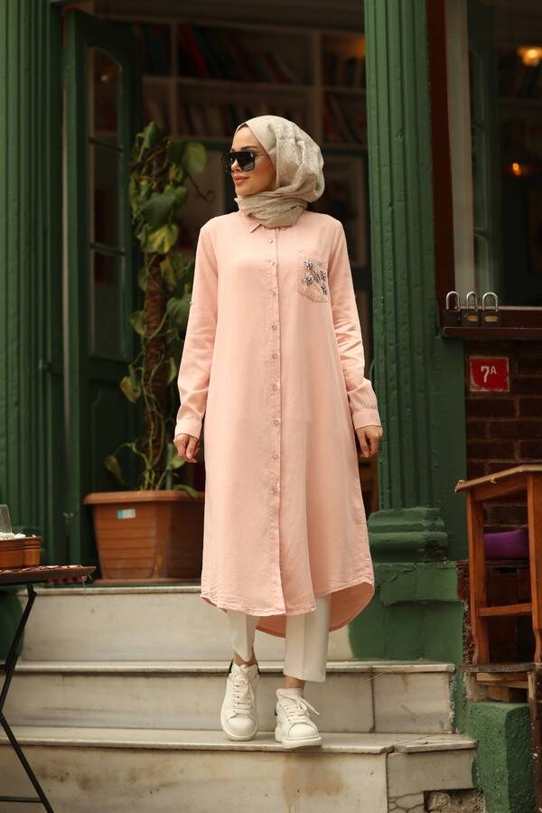 6518-Denim Parça Boya Cebi Taşlı Tunik Pudra