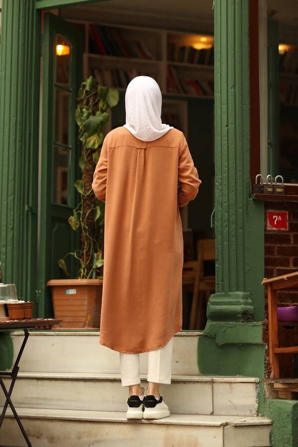 6518-Denim Parça Boya Cebi Taşlı Tunik Taba
