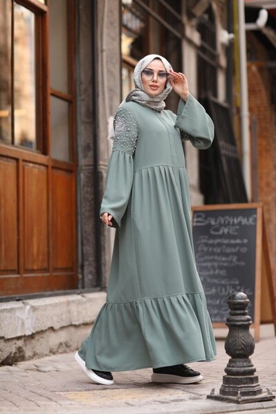 Neways - 6519-Krep İncili Pileli Ferace Mint Yeşili