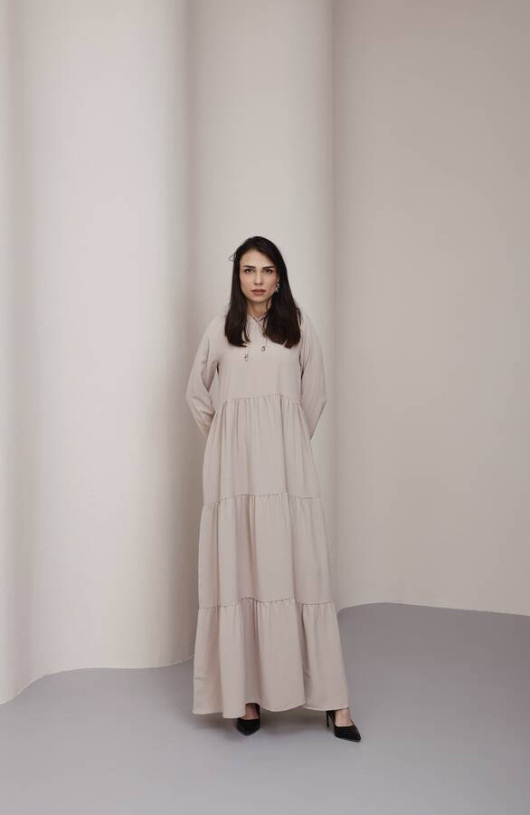 6531-Berlin Kapşonlu Reglan Kollu Elbise Bej