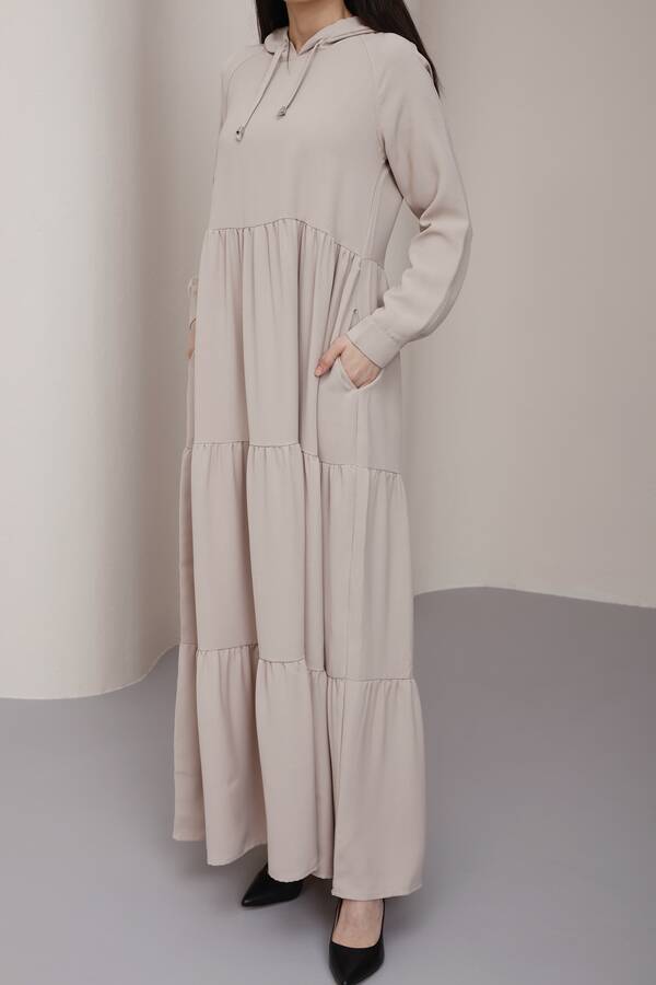 6531-Berlin Kapşonlu Reglan Kollu Elbise Bej