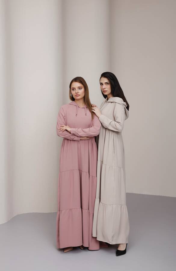 6531-Berlin Kapşonlu Reglan Kollu Elbise Bej