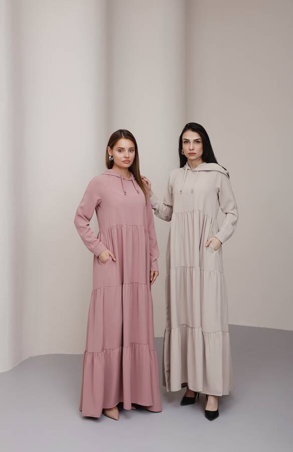 6531-Berlin Kapşonlu Reglan Kollu Elbise Bej