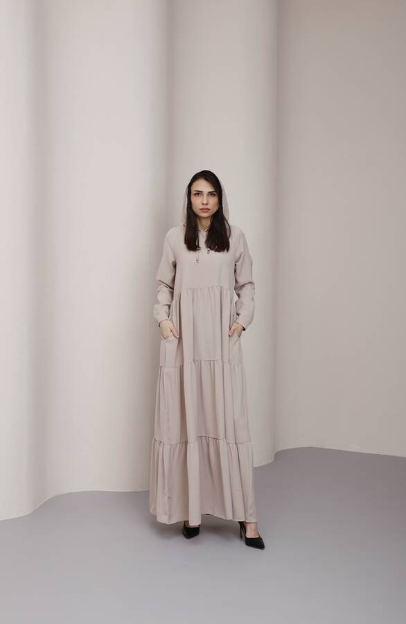 6531-Berlin Kapşonlu Reglan Kollu Elbise Bej